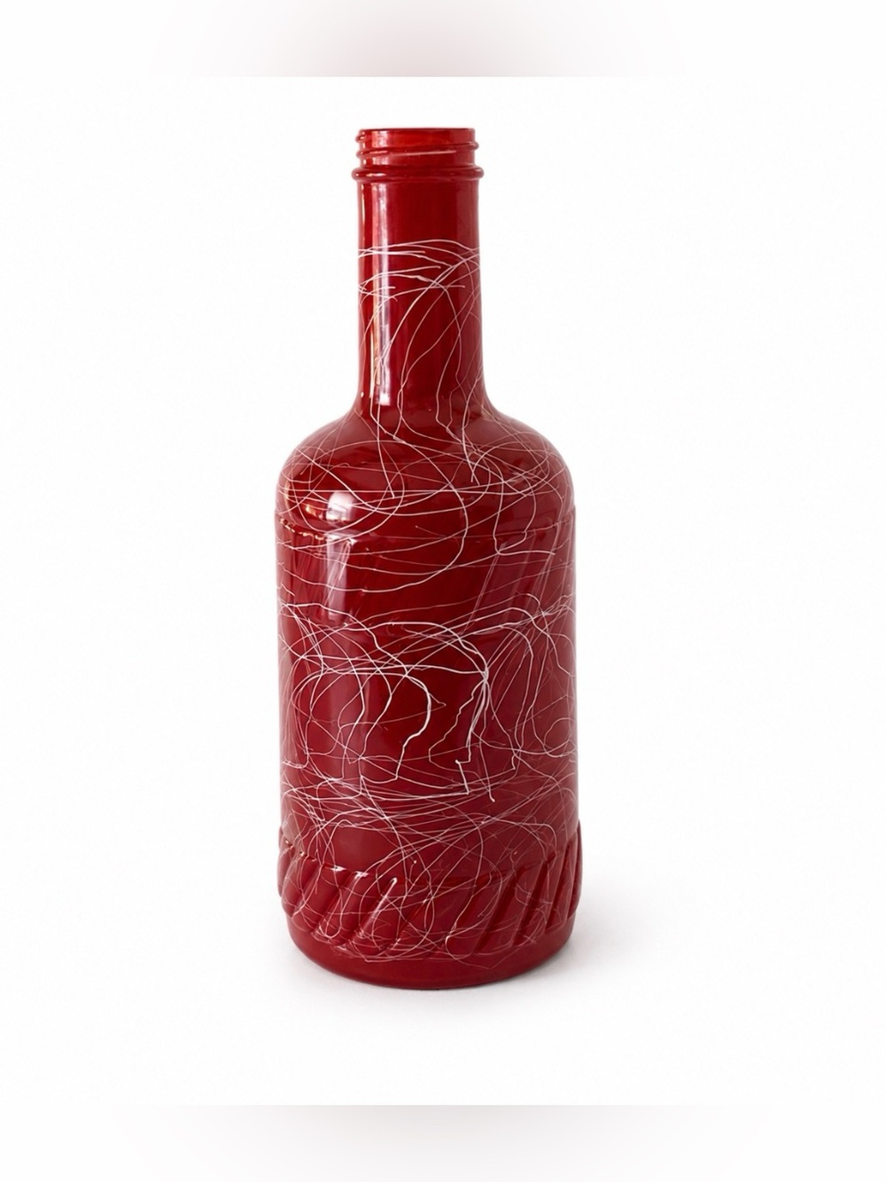 Hazel Atlas Red Glass Decanter Bottle White Spaghetti Drizzle! Gorgeous Vintage